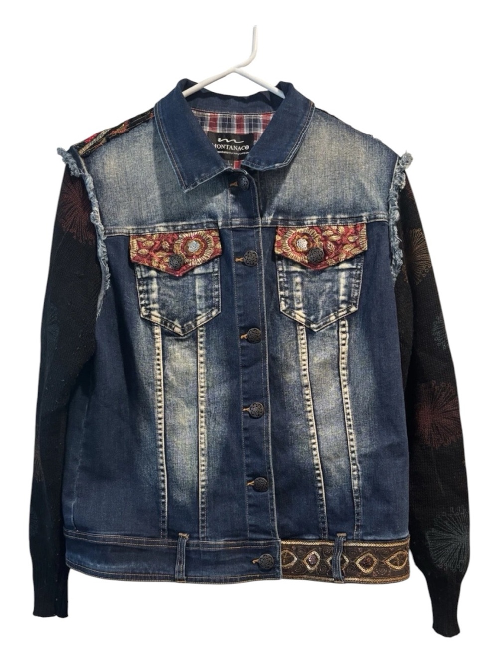 Montanaco Blue Denim Jacket with Patterned Accents